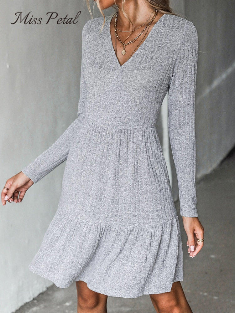 Ribbed A-Line Mini Dress For Woman Grey V-neck Long Sleeve Party Dress Spring Autumn Sundress The Clothing Company Sydney