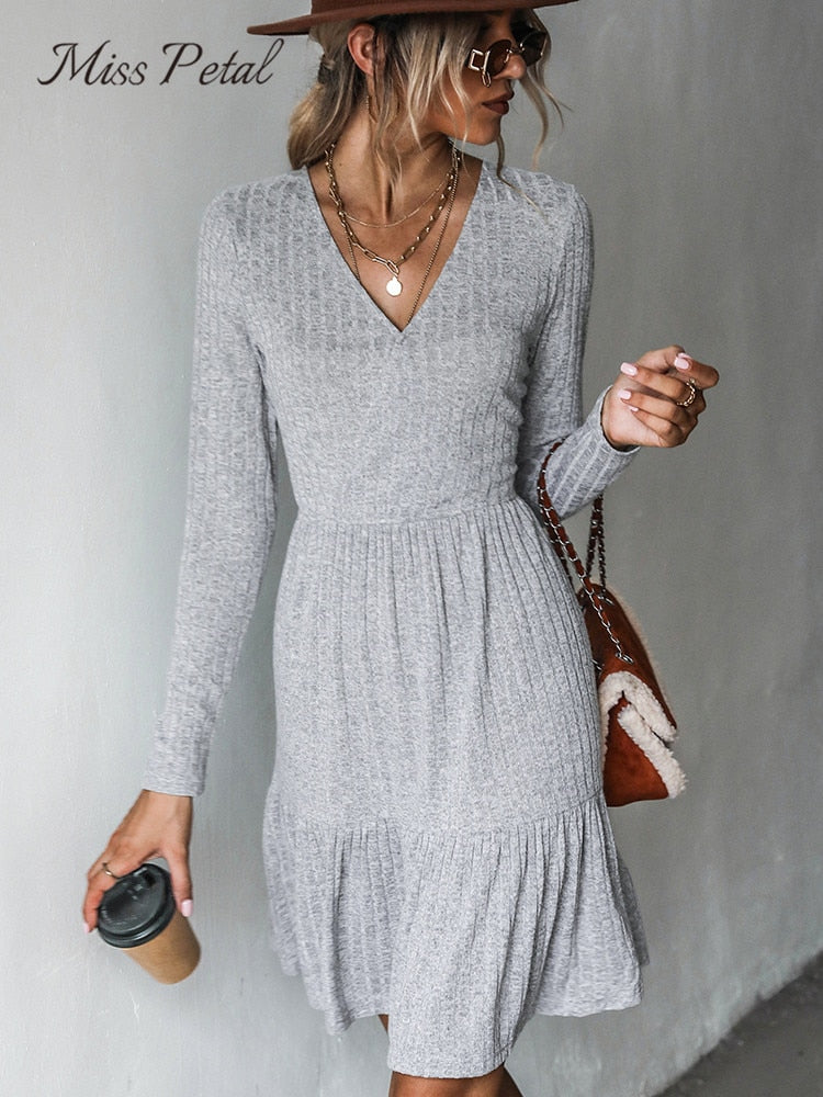 Ribbed A-Line Mini Dress For Woman Grey V-neck Long Sleeve Party Dress Spring Autumn Sundress The Clothing Company Sydney