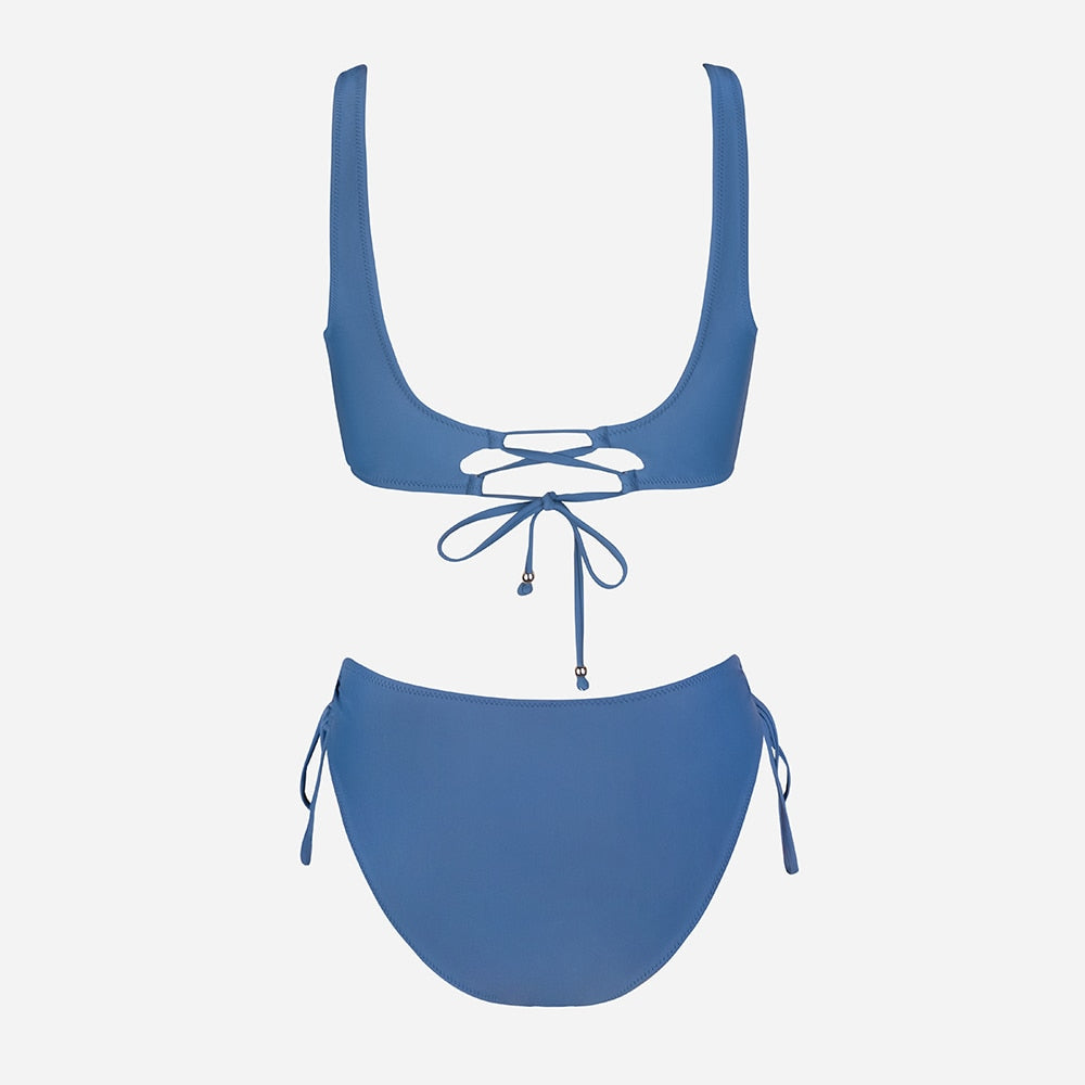 Yellow And Lemon Print Mid-Waist Bikini Sets Swimsuit Lace Up Two Pieces Swimwear Beach Bathing Suits The Clothing Company Sydney