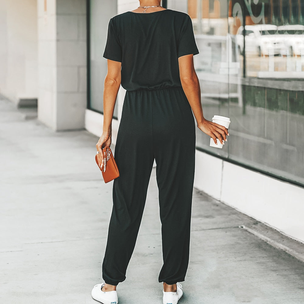 V-neck Short Sleeve Casual Long Jogger Pants Playsuit Summer Overalls Bodysuits Romper Jumpsuit The Clothing Company Sydney
