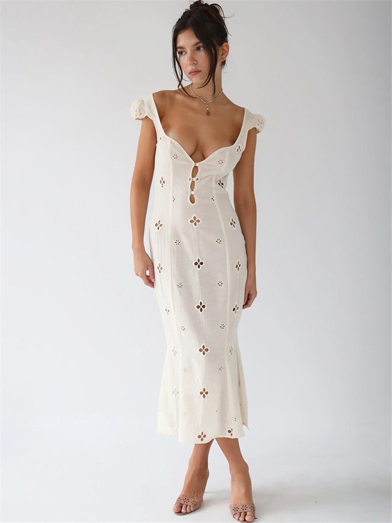 Square Neck Black White Mini Summer High Waist Short Sleeve Beachwear Bodycon Hollow Out Sundress Dress The Clothing Company Sydney