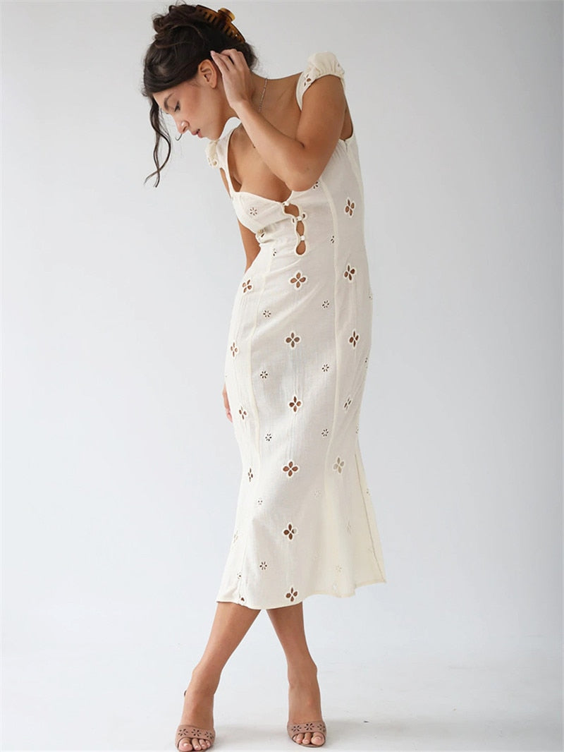 Square Neck Black White Mini Summer High Waist Short Sleeve Beachwear Bodycon Hollow Out Sundress Dress The Clothing Company Sydney
