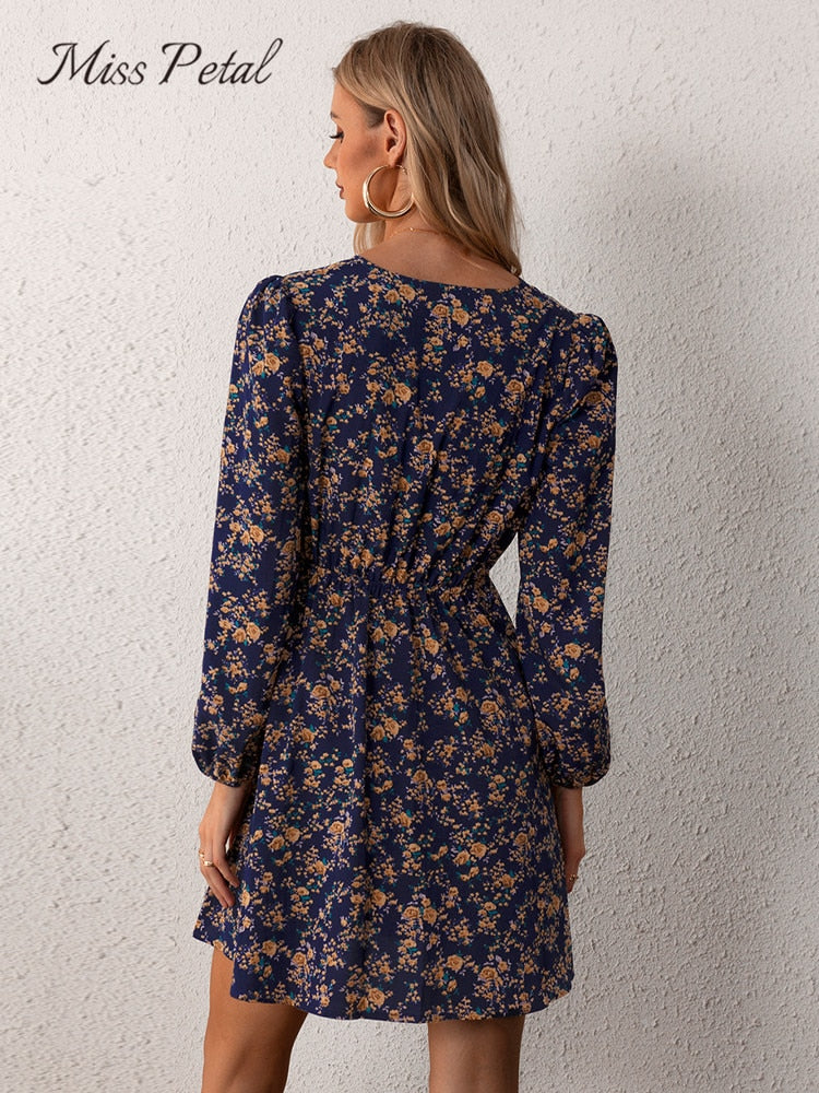 Plunge Neck A-Line Mini Dress Ditsy Floral Sexy Long Sleeve Party Dress Spring Autumn Sundress The Clothing Company Sydney