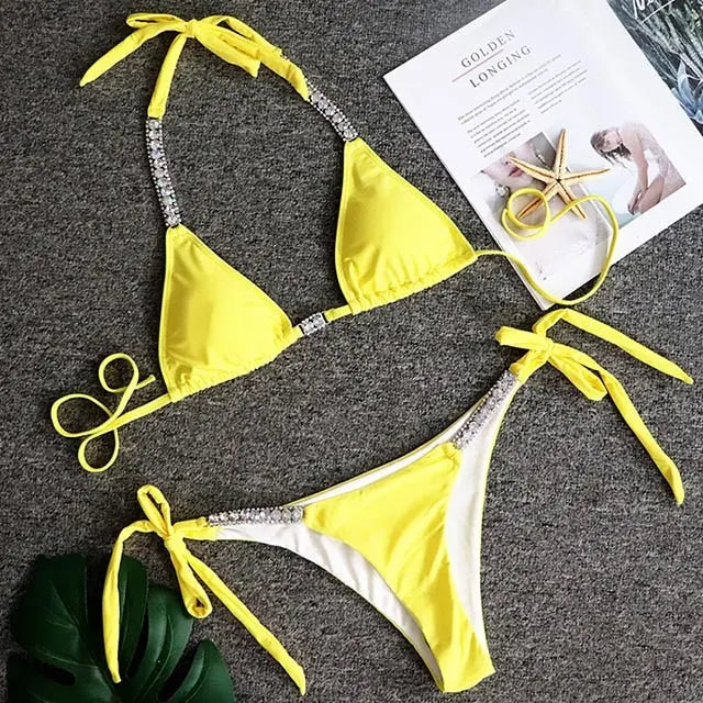 Crystal Diamond Bandeau Swimsuit Halter Swimwear Two piece Bikini Rhinestone Push up Bathing Suit Clothing Company Sydney