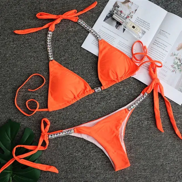 Crystal Diamond Bandeau Swimsuit Halter Swimwear Two piece Bikini Rhinestone Push up Bathing Suit Clothing Company Sydney