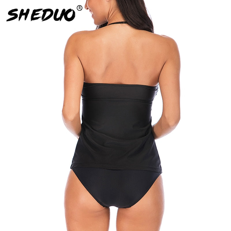 Solid Black Bathing Suit Vintage Tummy Control Tankini Set Tie Ruffle Two piece Swimsuit Push-Up Plus Size Summer The Clothing Company Sydney