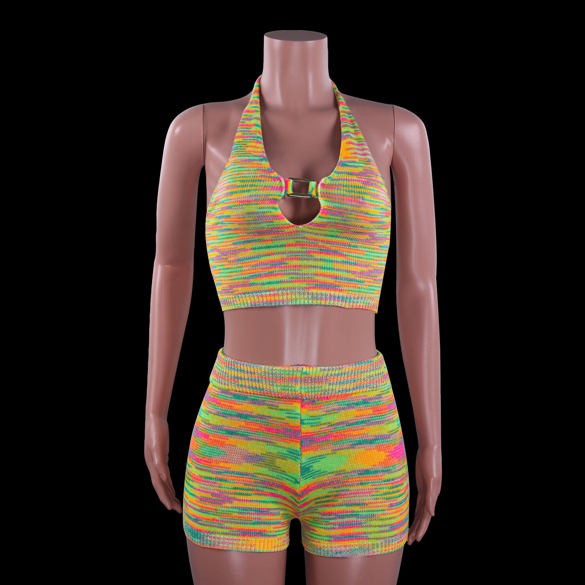 Rainbow Print Halter Cut Out Crop Top and Shorts 2 Piece Matching Set Club Fashion Outfits Loungewear Set The Clothing Company Sydney