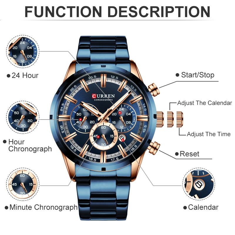 Men's Watch Luxury Sports Quartz Mens Watches Full Steel Waterproof Chronograph Wristwatch The Clothing Company Sydney