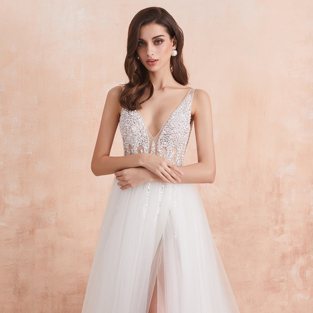 V Neck Wedding Dress White Ivory High Split Beaded Beading Pearls Crystal A Line Backless Bridal Gown The Clothing Company Sydney