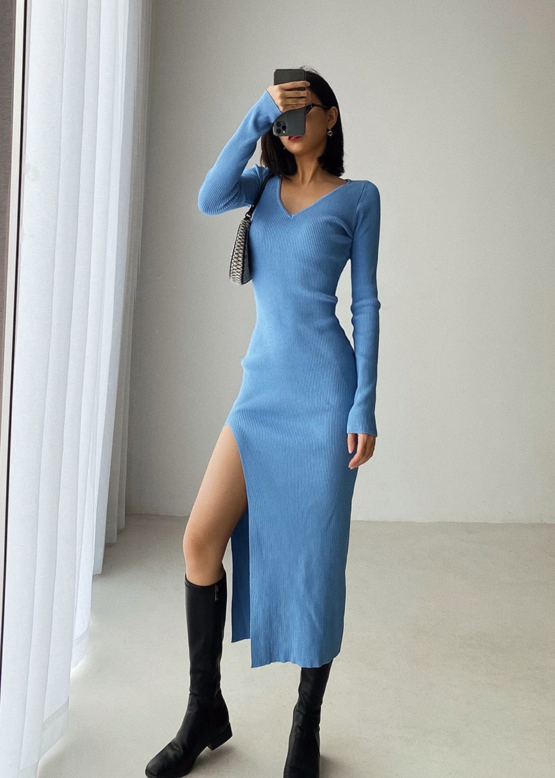 Long Sleeve slit sweater dress slim tight fitting hip knit over the knee dresses The Clothing Company Sydney