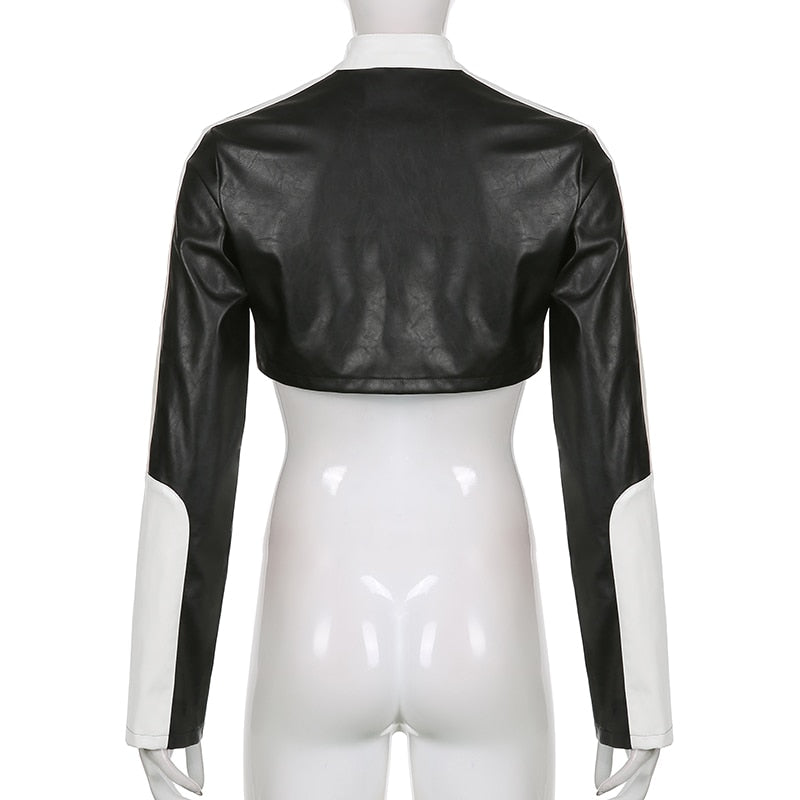 Streetwear Punk Style Patchwork Cropped PU Leather Jacket Women Zipper Autumn Winter Jacket Contrast Color Basic Coat The Clothing Company Sydney