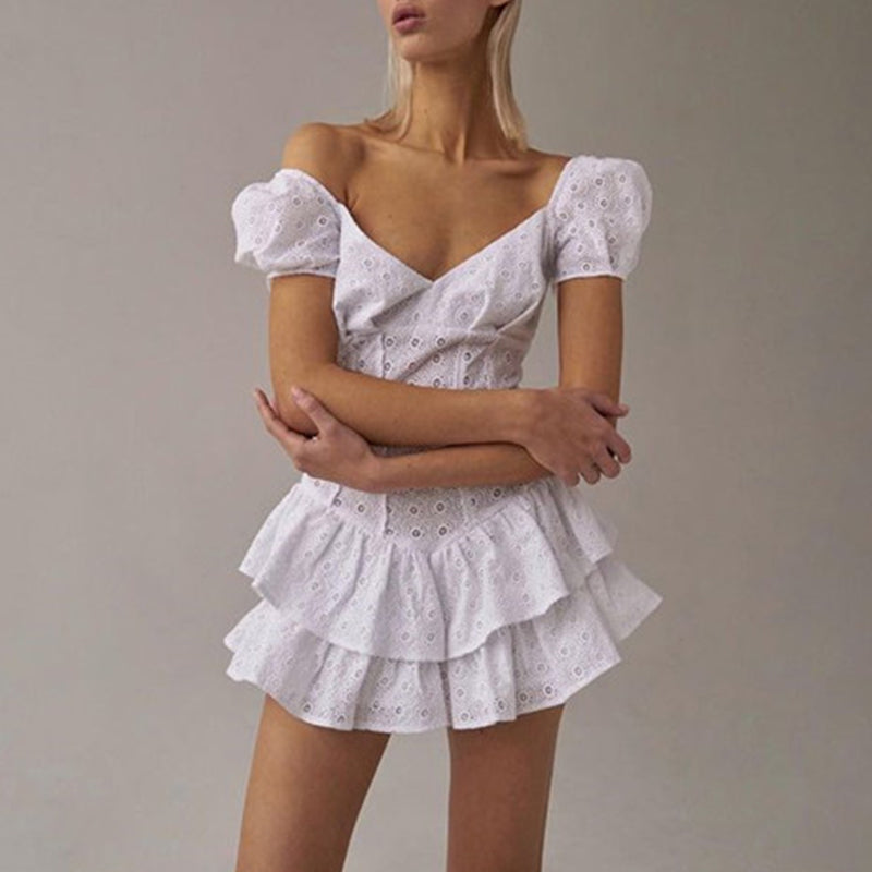 Hook Flower Mini Deep V Neck Vintage Puff Sleeve Short Summer Dress Boho Beach Sundress The Clothing Company Sydney