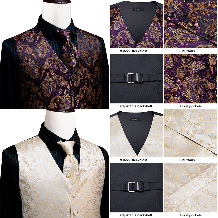 4Piece Mens Vest for Suit Luxury Paisley Floral Plaid Suit Silk Vest and Tie Set Blue Gold Red Sliver Wedding Vest The Clothing Company Sydney