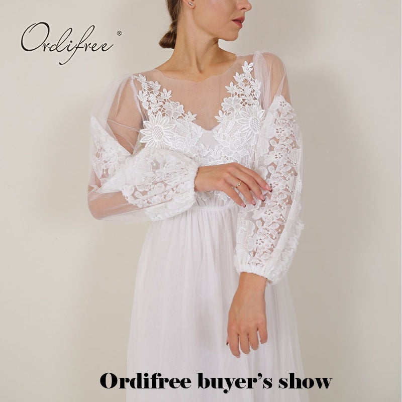 Summer Long Tulle Dress Long Sleeve Embroidery Wedding Vocation White Lace Maxi Tunic Beach Dress The Clothing Company Sydney