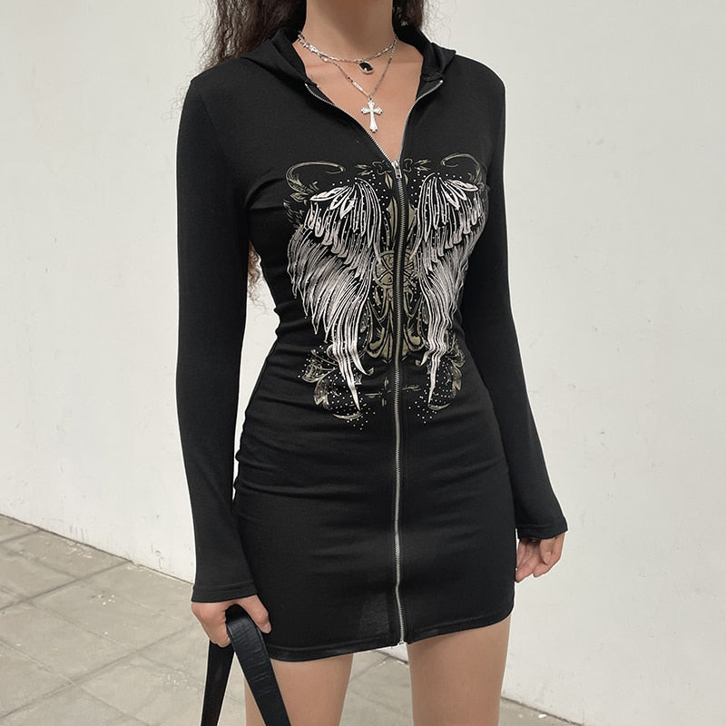 Gothic Grunge Fairycore Wings Printed Graphic Zipper Hooded Bodycon Dark Academia Autumn Mini Dresses Y2K Dress The Clothing Company Sydney