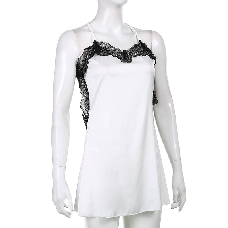 V Neck Lace Trim A-Line Satin White Dress Fashion Strap Mini Summer Dress Backless Party Dresses The Clothing Company Sydney