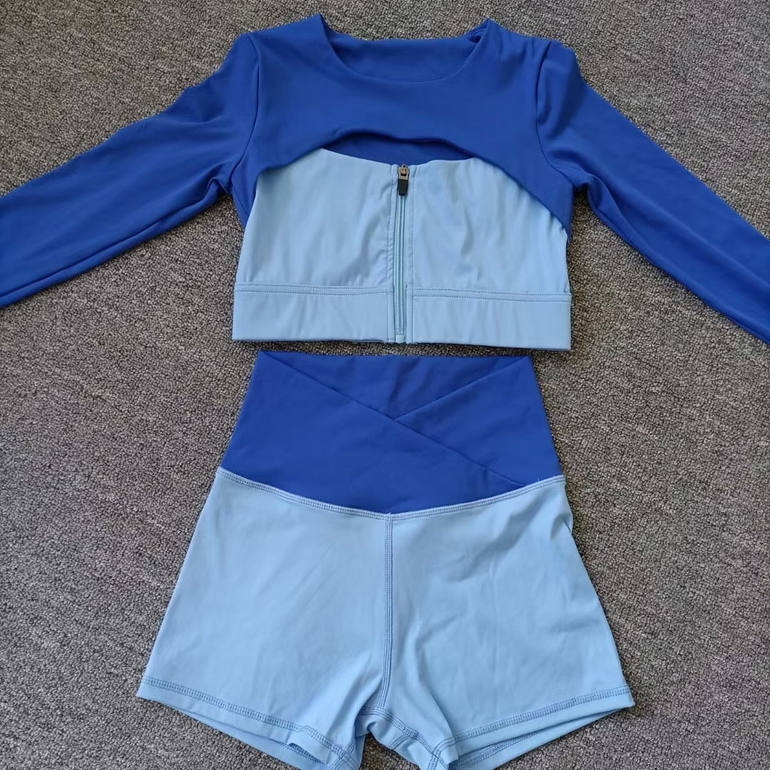 Layered Look Long Sleeve Yoga Crop Top Wrap V Waist Leggings Layered Cut Out Sports Bra Contrast Waist Shorts The Clothing Company Sydney