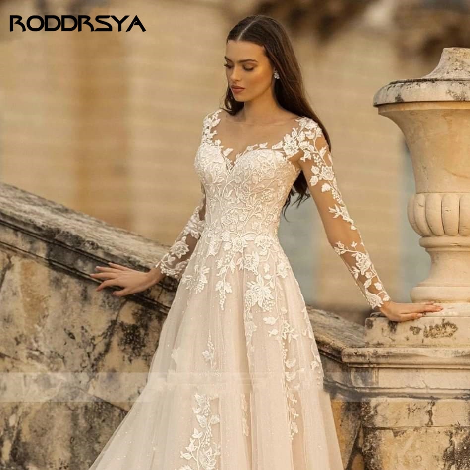 Elegant O-Neck Wedding Lace A-Line Boho Long Sleeves Wedding Bride Gowns Dress The Clothing Company Sydney