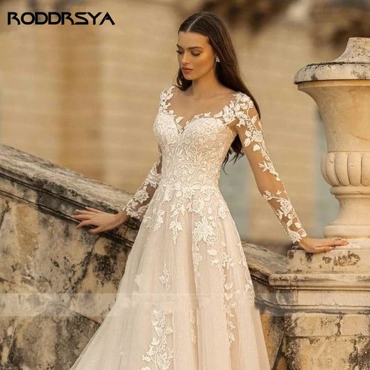 Elegant O-Neck Wedding Lace  A-Line Boho Long Sleeves Wedding Bride Gowns Dress The Clothing Company Sydney