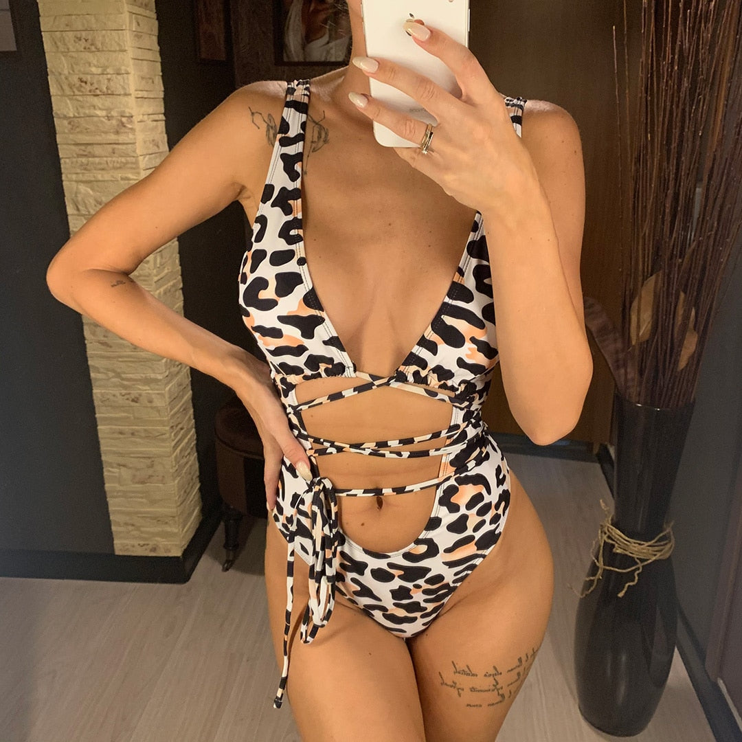 Bandage Wrap Around Tummy Cut Out Deep V Monokini One Piece Swimsuit Swimwear Bather Bathing Suit