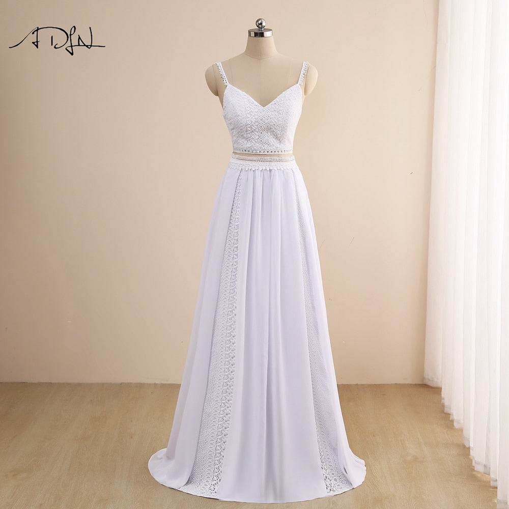 Charming Two Piece Boho Spaghetti Straps White/Ivory Chiffon Beach Bridal Gown Wedding Dress The Clothing Company Sydney