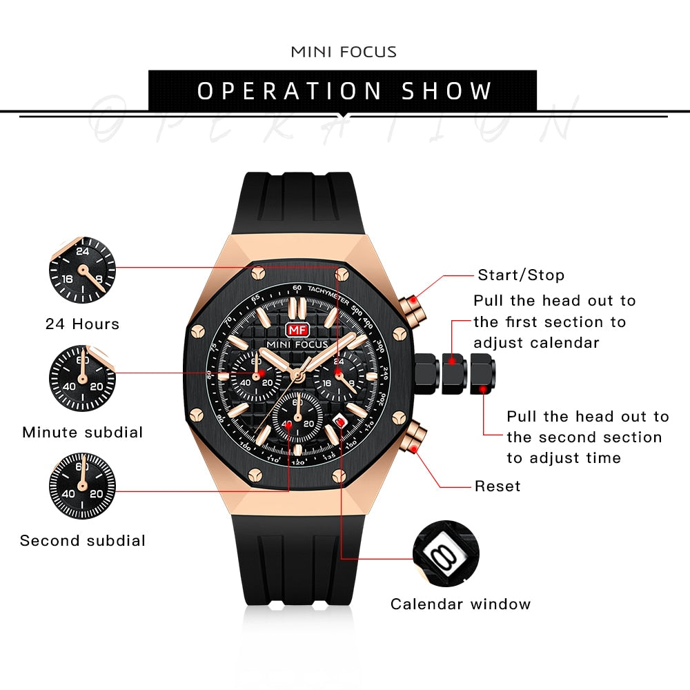 MINI FOCUS Polygon Design Alloy Quartz Wristwatch Luxury Brand Watch Men's High Quality Silicone Chronograph Sports Watch Clothing Company Sydney