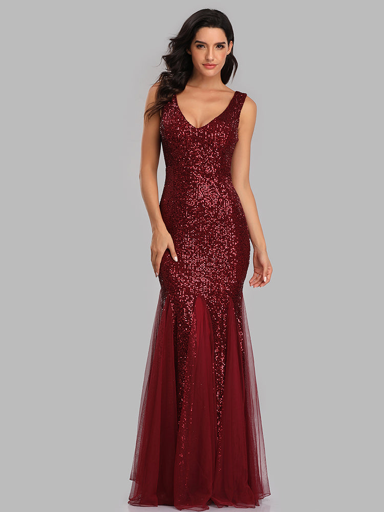 Plus Size V Neck Mermaid Burgundy Long Formal Prom Party Gown Sequins Sleeveless Evening Cocktail Dress The Clothing Company Sydney