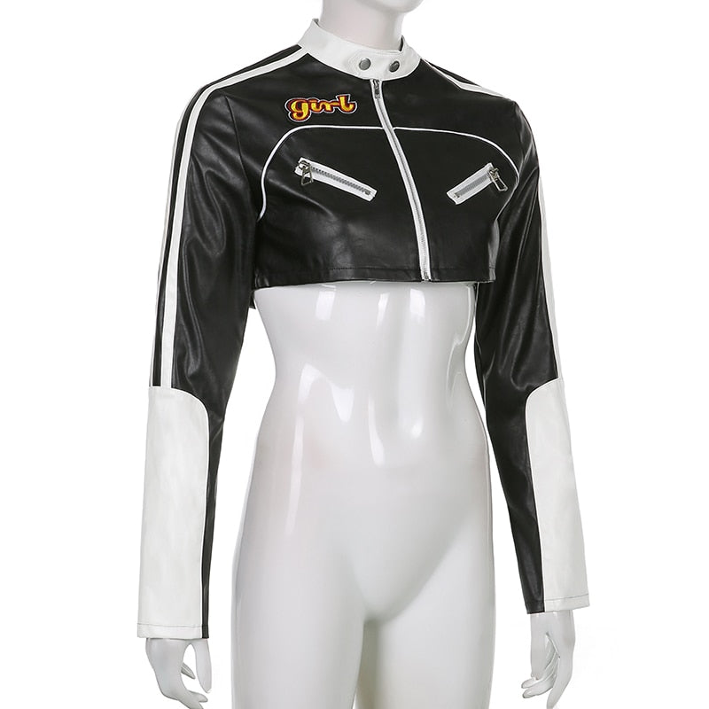 Streetwear Punk Style Patchwork Cropped PU Leather Jacket Women Zipper Autumn Winter Jacket Contrast Color Basic Coat The Clothing Company Sydney