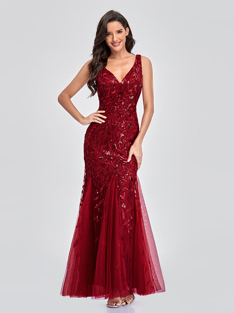 Sleeveless V-neck Tulle Sequins Cocktail V-back Mermaid Party Prom Gown Formal Occasion Embroidered Formal Dress The Clothing Company Sydney