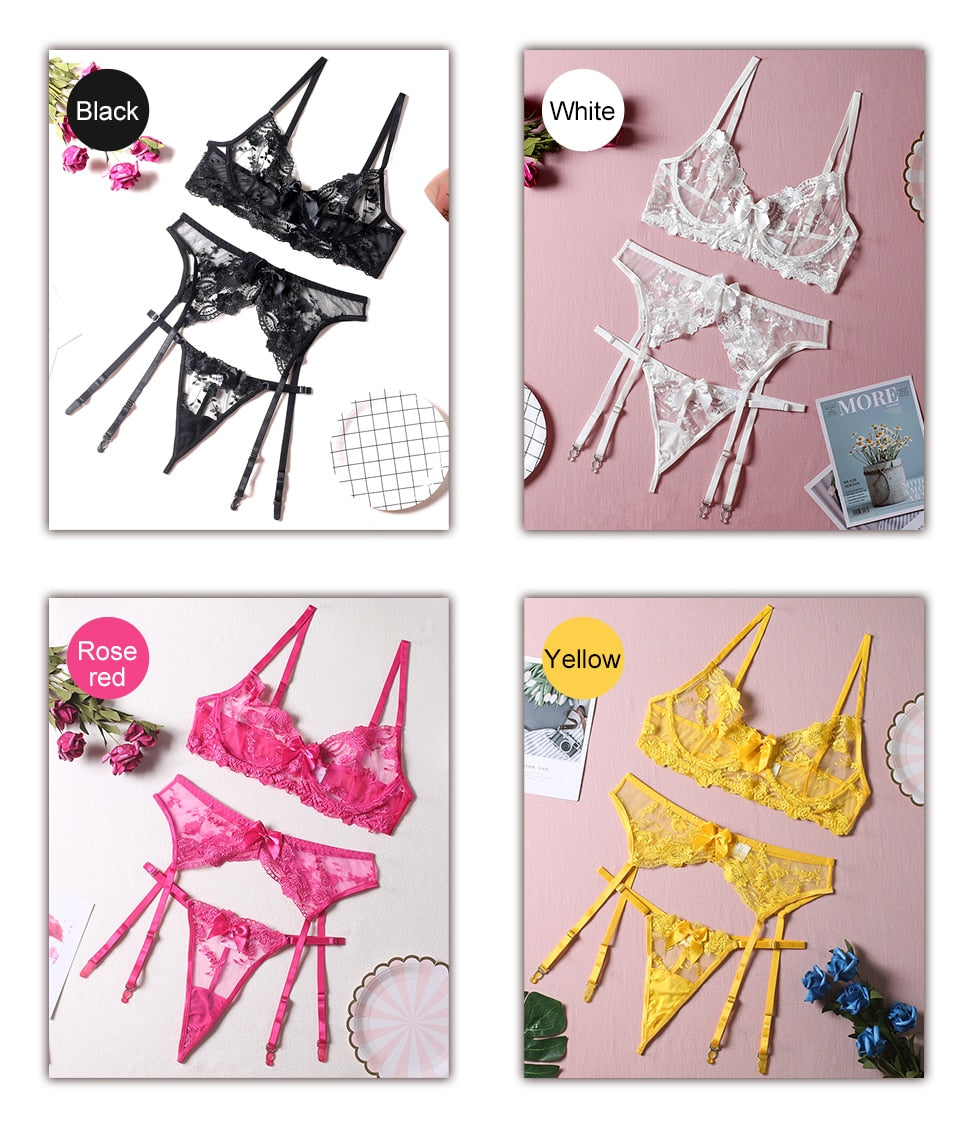 Floral Embroidery Thin Transparent Bralette Lace Push Up Bra Garters 3 Piece Sensual Lingerie Set The Clothing Company Sydney