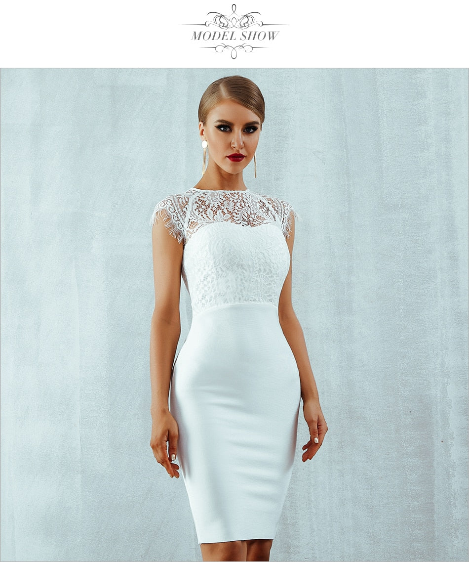 Summer White Lace Bandage Dress Black Short Sleeve Midi Hollow Out Club Celebrity Evening Party Dress The Clothing Company Sydney