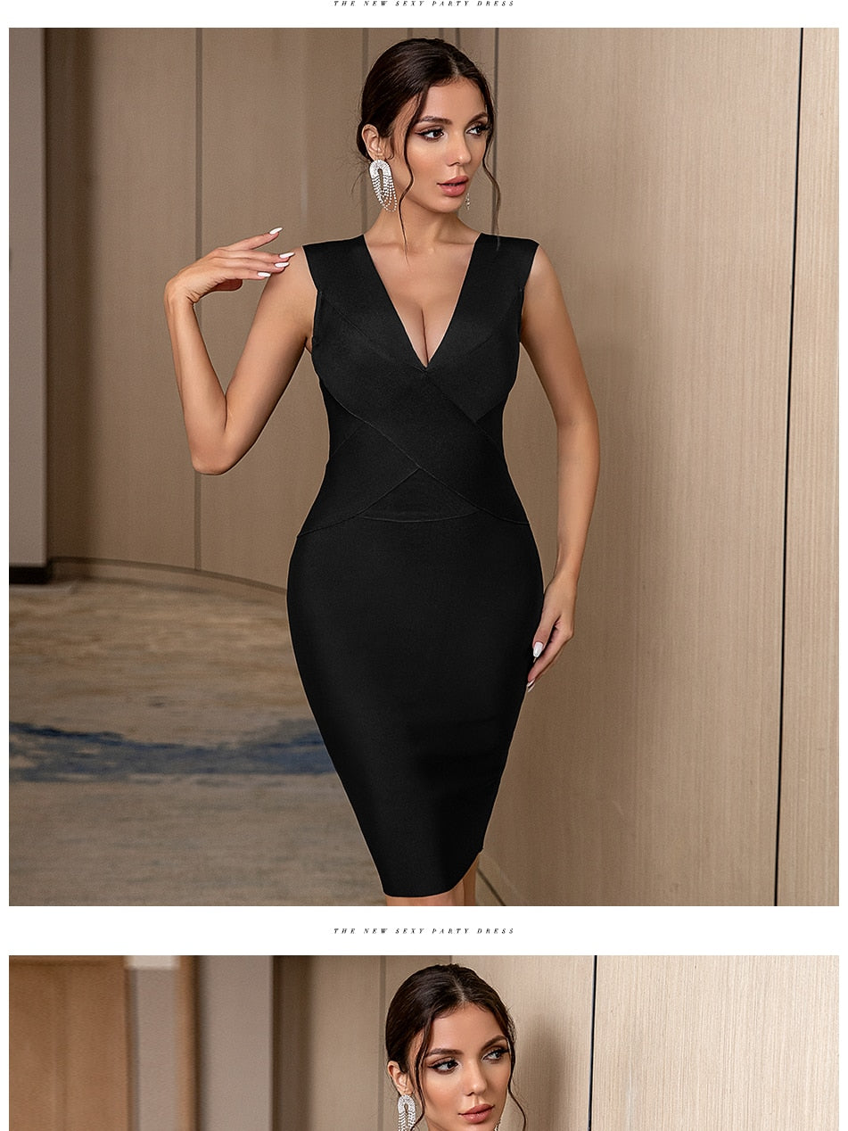 Summer Bandage Dress Red Green Black Tank Sexy Deep V-Neck Sleeveless Midi Bodycon Runway Party Dress The Clothing Company Sydney