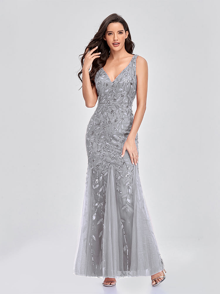 Sleeveless V-neck Tulle Sequins Cocktail V-back Mermaid Party Prom Gown Formal Occasion Embroidered Formal Dress The Clothing Company Sydney
