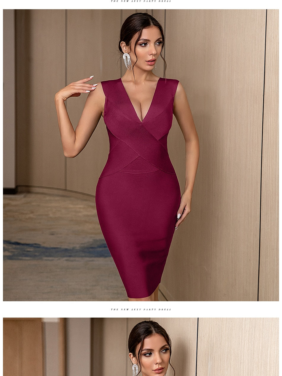 Summer Bandage Dress Red Green Black Tank Sexy Deep V-Neck Sleeveless Midi Bodycon Runway Party Dress The Clothing Company Sydney