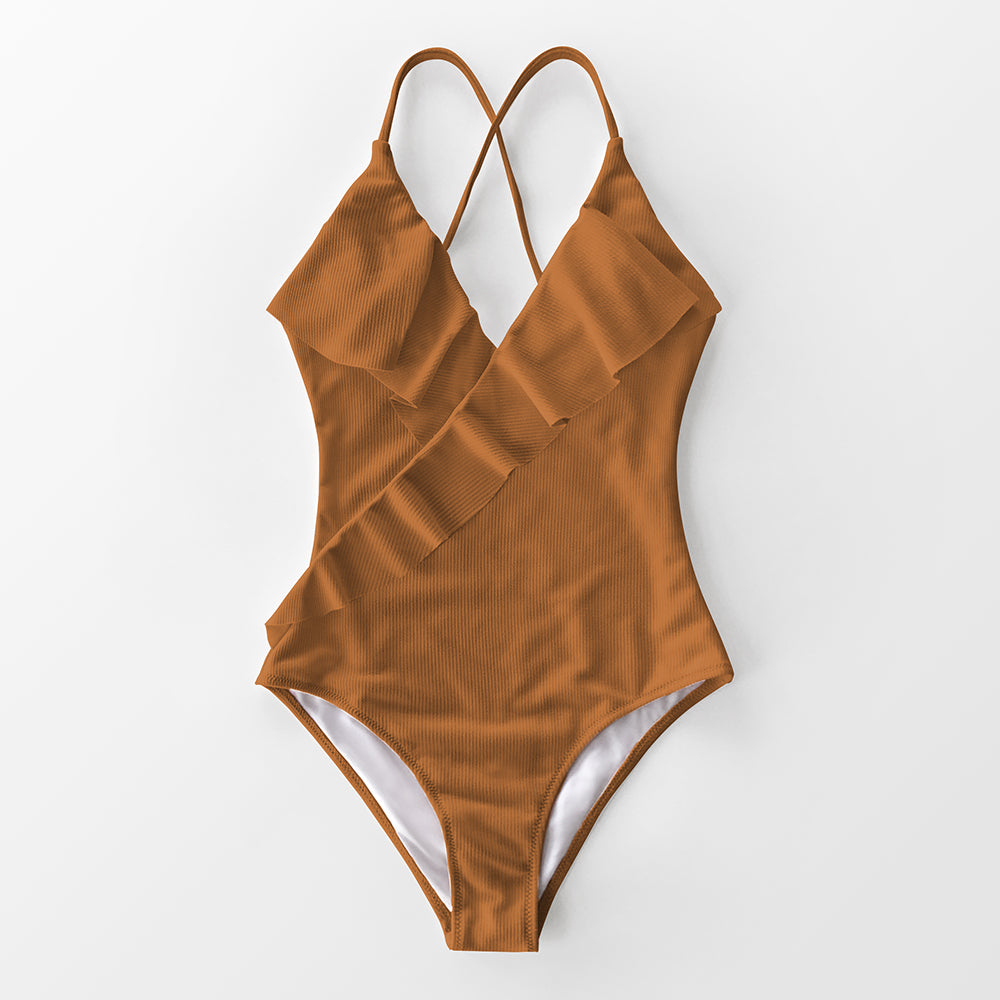 Solid One-piece Swimsuit Falbala V neck Ruffle Monokini Beach Bathing Suit Swimwear The Clothing Company Sydney