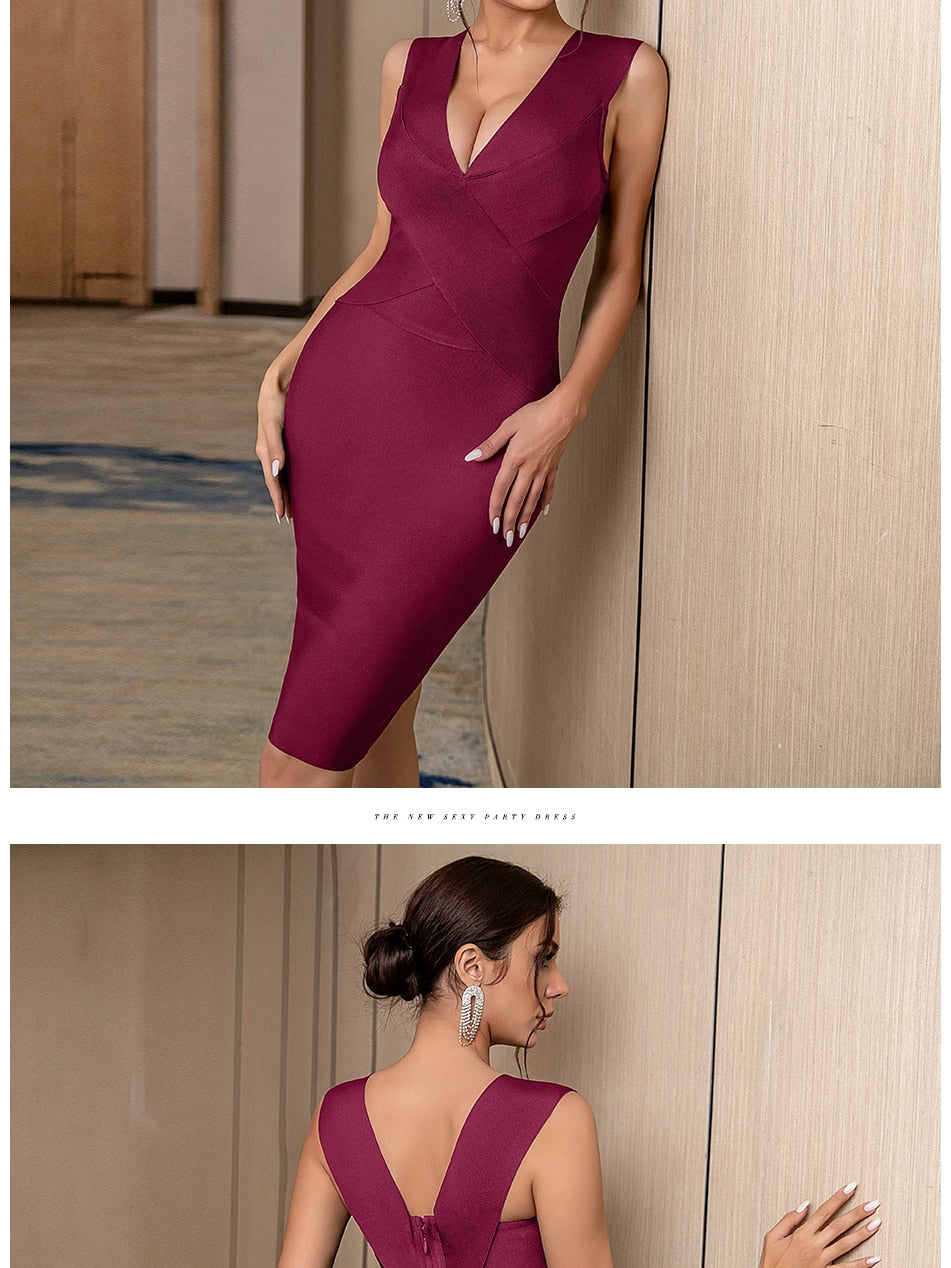 Summer Bandage Dress Red Green Black Tank Sexy Deep V-Neck Sleeveless Midi Bodycon Runway Party Dress The Clothing Company Sydney