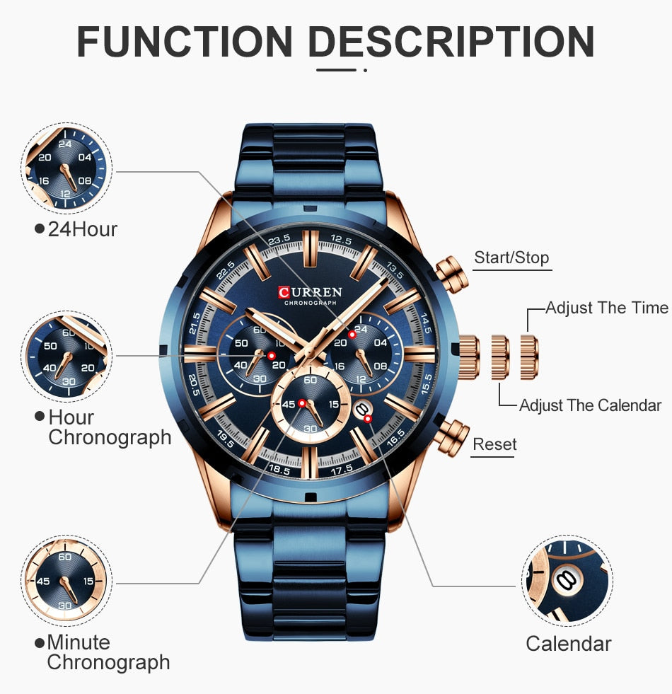 Men's Watch Luxury Sports Quartz Mens Watches Full Steel Waterproof Chronograph Wristwatch The Clothing Company Sydney