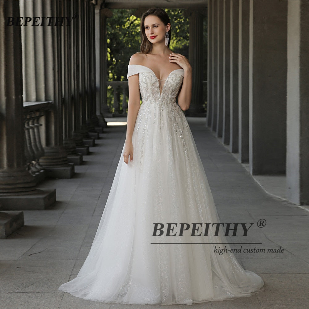 Off The Shoulder Ivory Boho Wedding Dresses A Line Chic Beading Lace UK Bride Bridal Gown The Clothing Company Sydney