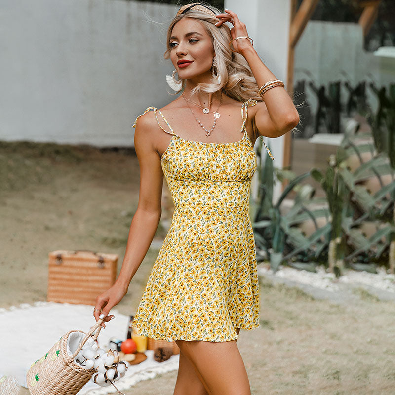 Yellow Flower Print Women Romper Summer Casual Holiday Beach Spaghetti Strap Playsuit Sleeveless Romper The Clothing Company Sydney