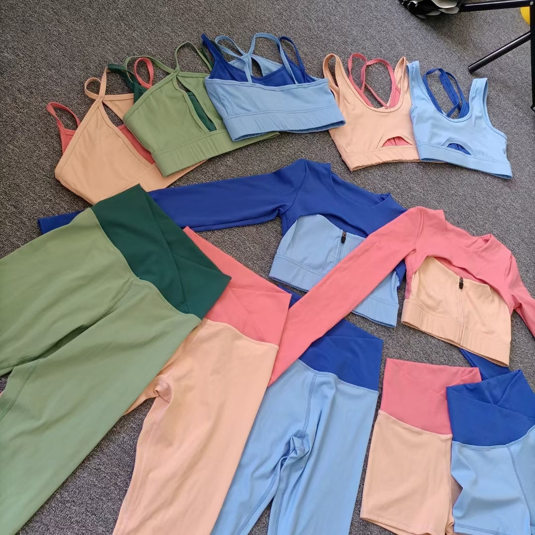 Layered Look Long Sleeve Yoga Crop Top Wrap V Waist Leggings Layered Cut Out Sports Bra Contrast Waist Shorts The Clothing Company Sydney