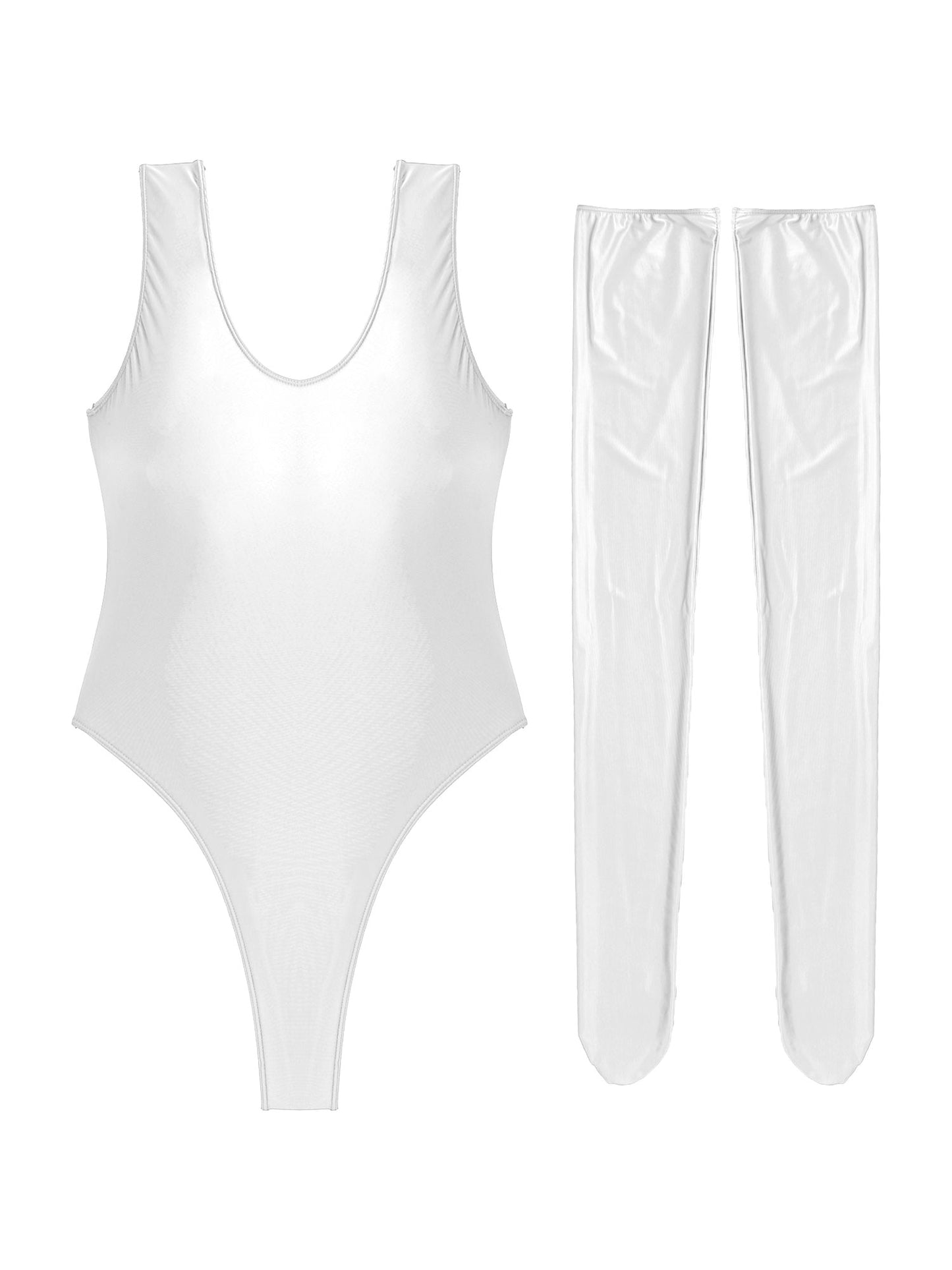 Women's Glossy Stretchy Swimming Suit Swimwear Swimsuit Sleeveless High Cut Slim Fit Bodysuit with Stocking Outfits Clubwear The Clothing Company Sydney