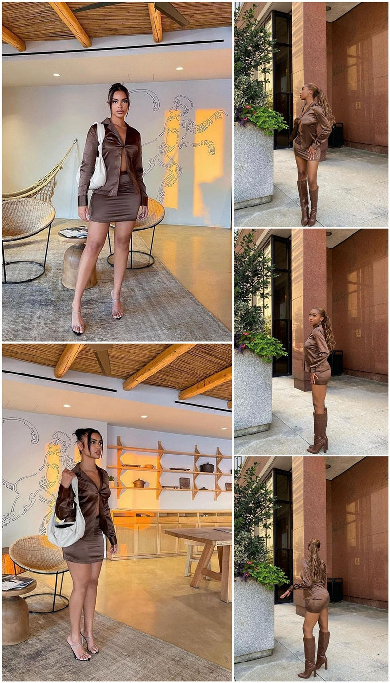 Turn-down Collar Button Two Piece Set Brown Long Sleeve Top High Waist Skirt Women Autumn Slim Office Outfits The Clothing Company Sydney