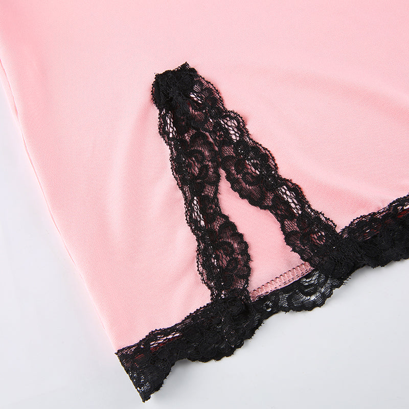 Lace Patchwork Pink Strap Bow Bodycon Summer Dresses Mini Side Split Sundress The Clothing Company Sydney