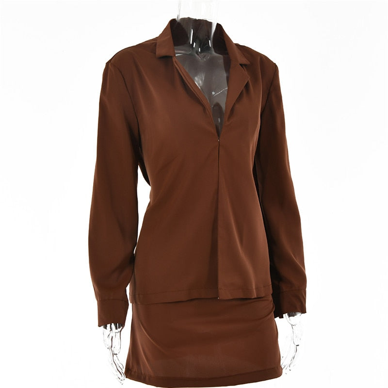 Turn-down Collar Button Two Piece Set Brown Long Sleeve Top High Waist Skirt Women Autumn Slim Office Outfits The Clothing Company Sydney