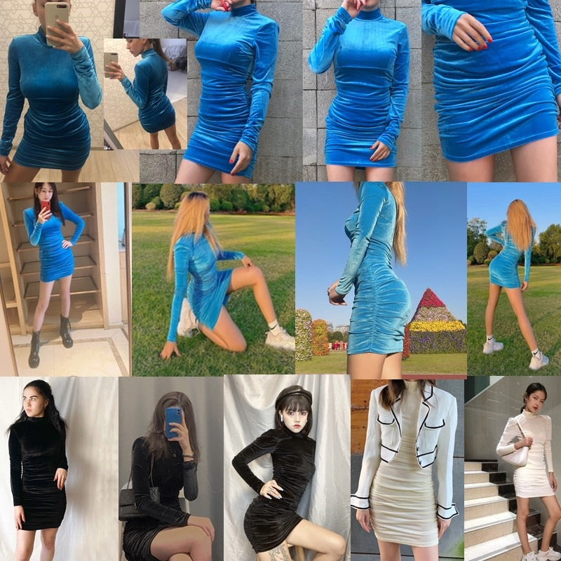 Bodycon Velvet Mini Dress Women Autumn Long Sleeve High Neck Party Dresses Female Velvet Sheath Dress The Clothing Company Sydney