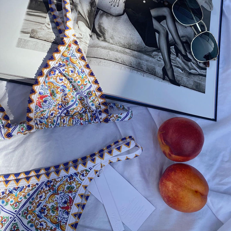 Printed Bandeau swimsuit Patchwork 2 pieces set High cut swimwear Sports bathing suit bikini set The Clothing Company Sydney