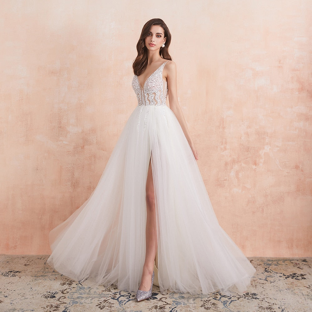 V Neck Wedding Dress White Ivory High Split Beaded Beading Pearls Crystal A Line Backless Bridal Gown The Clothing Company Sydney