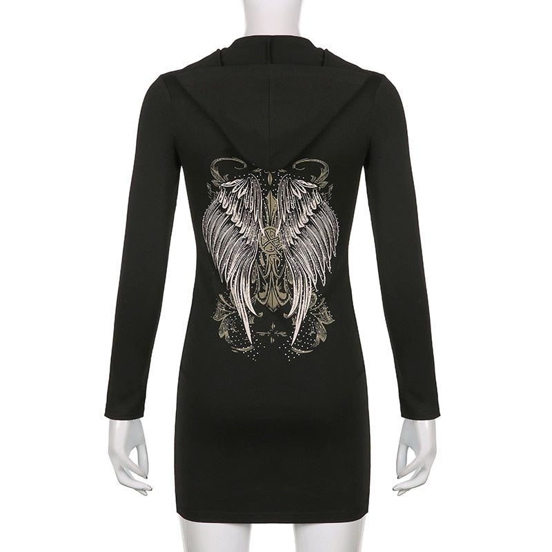 Gothic Grunge Fairycore Wings Printed Graphic Zipper Hooded Bodycon Dark Academia Autumn Mini Dresses Y2K Dress The Clothing Company Sydney