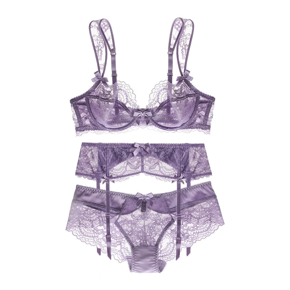 Ultra-Thin Gathered Plus Size Bowknot Floral Underwear Lace Strap Bra + Panties + Garte 3 Piece set The Clothing Company Sydney