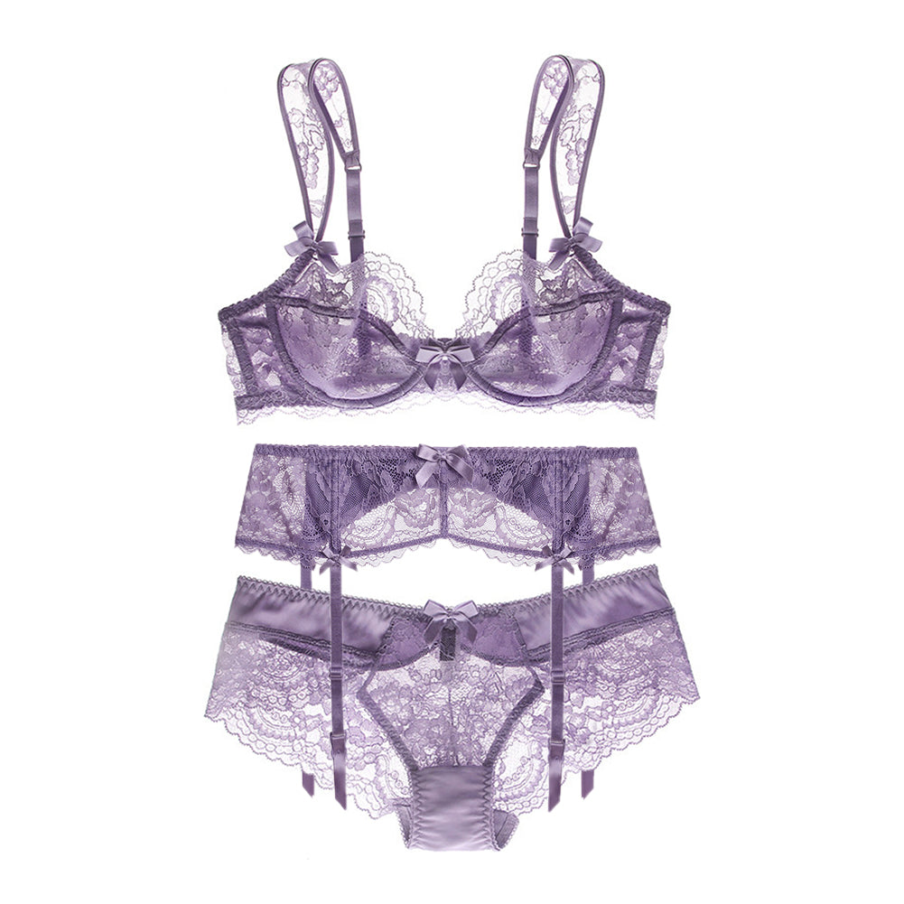 Ultra-Thin Gathered Plus Size Bowknot Floral Underwear Lace Strap Bra + Panties + Garte 3 Piece set The Clothing Company Sydney